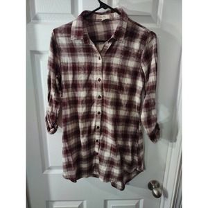 Love Notes Top Size S Burgundy And White Plaid Collar Button Down